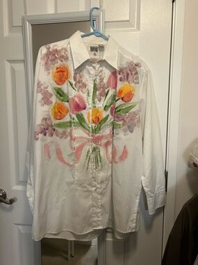 Hand-Painted Floral Button-Down Shirt - White